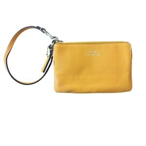 COACH Mustard Yellow Leather Wristlet Zip Pouch Wallet Purse